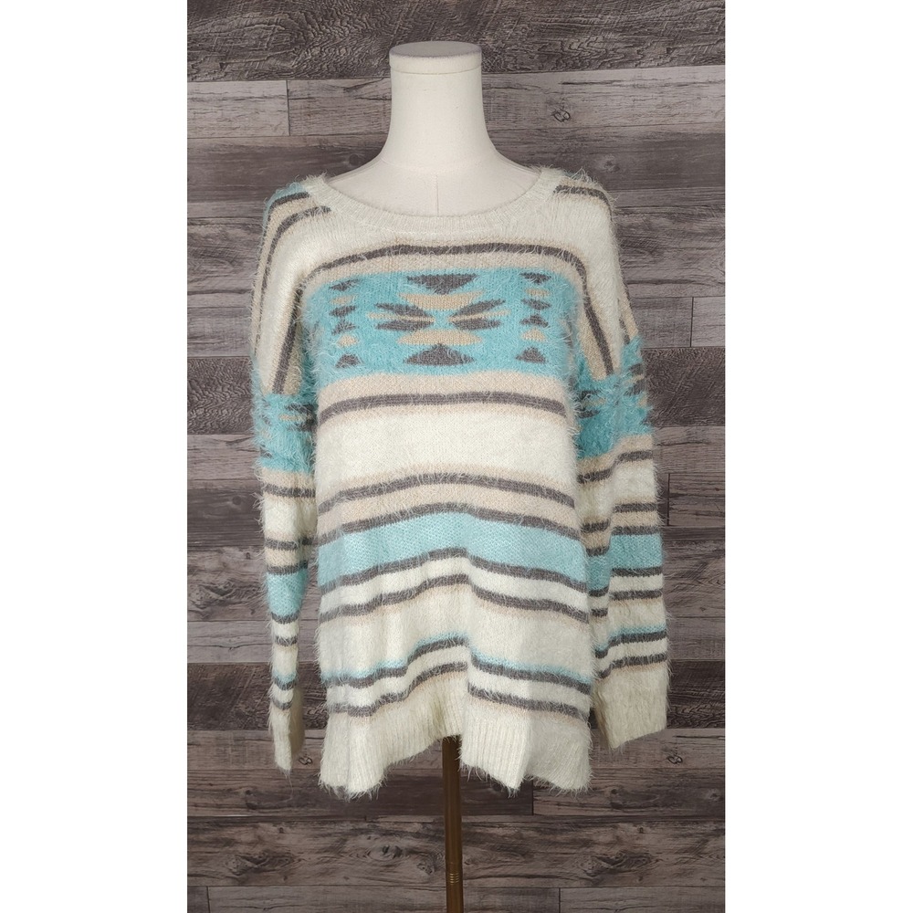 Xhilaration Eyelash Knit Sweater Womens Medium Blue White Aztec Open Back Fuzzy